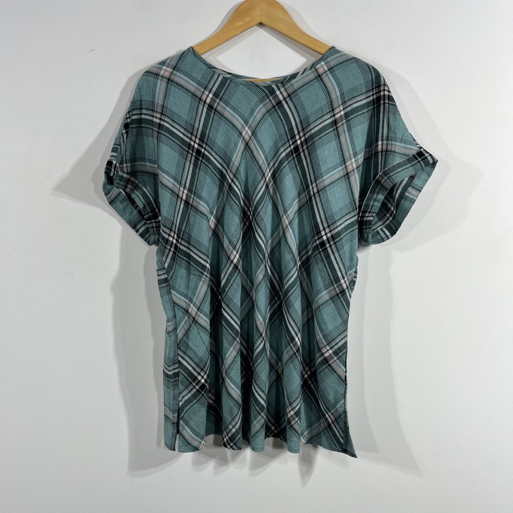 J. Jill Boho Cottagecore Preppy Plaid Short Sleeve Cotton Modal Blend Top XL